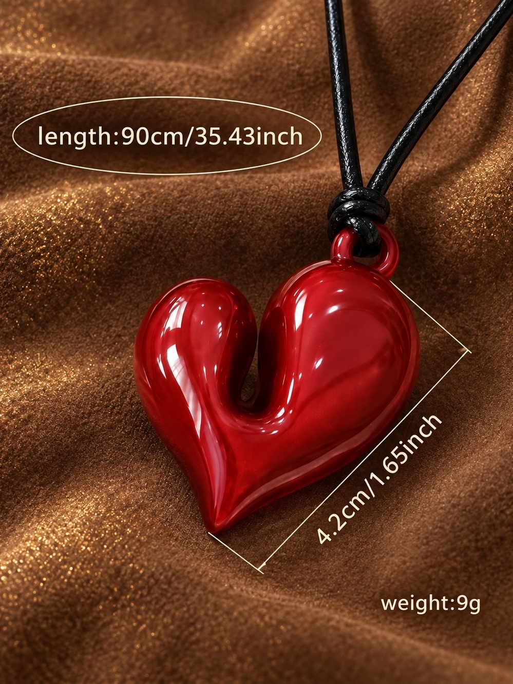 Red Heart Pendant Necklace on Black Leather Cord for Women